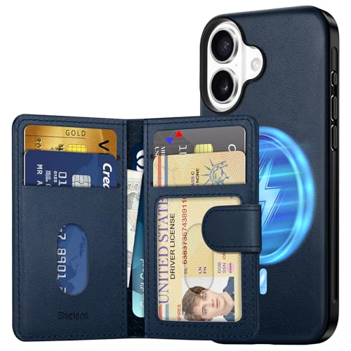 SHIELDON Echtleder Hülle für iPhone 16, Magnetisch Handyhülle [Abnehmbar] [Kabelloses Laden] [RFID Blocker] [6 Kartenfächer] Brieftasche Kompatibel mit iPhone 16 5G 6,1" 2024 - Marineblau von SHIELDON