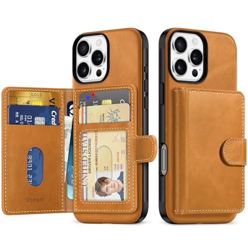 SHIELDON Echtleder Hülle für iPhone 16 Pro Max 6,9", Unverlierbarer Magnetischer Wallet Etui [RFID Blocker] [ID-Fenster] [Dünn] Handyhülle Kompatibel mit iPhone 16 Pro Max 5G 2024- Retro Hellbraun von SHIELDON