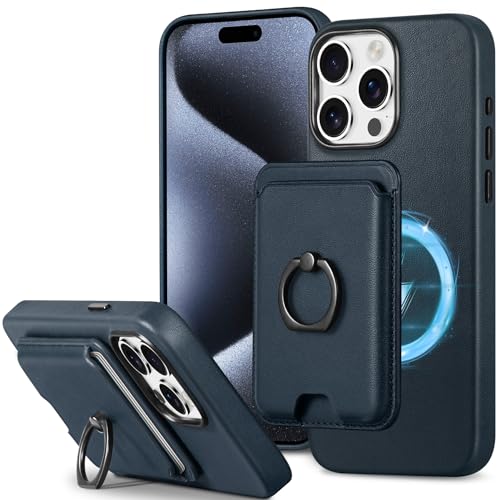 SHIELDON Handyhülle für iPhone 15 Pro Max Hülle Echt Leder Kartenhalter Ständer Abnehmbar Schutzhülle Fingerhalter Kabellos Laden Wallet Case Kompatibel mit iPhone 15 Pro Max 6,7 Marineblau von SHIELDON