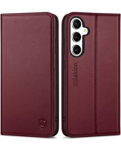 SHIELDON Hülle für Galaxy S23 FE 5G, Case [Echtleder] [3 Kartenfächer] [RFID Blocker] [Ständer] Stoßfest TPU Innenhülle Cover Klapphülle Kompatibel mit Galaxy S23FE 2023 6,4" - Weinrot von SHIELDON