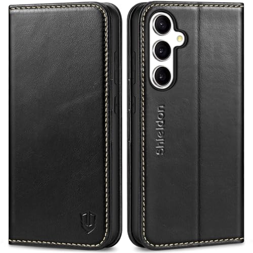 SHIELDON Hülle für Galaxy S24 FE 5G, Schutzhülle [Echtleder] [Ständer] [3 Kartenfächer] [RFID Blocker] Handyhülle Stoßfest TPU Innenhülle Case Kompatibel mit Galaxy S24 FE 6,7" - Retro Schwarz von SHIELDON