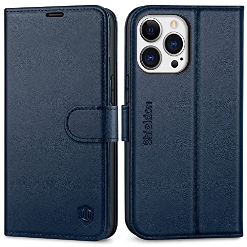 SHIELDON Hülle für iPhone 13 Pro, Schuzhülle [Echtleder] [4 Kartenfächer] [Verdichtes TPU], Magnetische Handyhülle Telefon Ledertasche Kompatibel mit iPhone 13 Pro 6,1 - Marineblau von SHIELDON