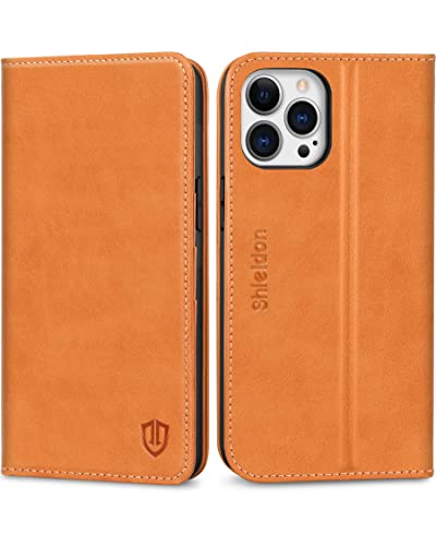 SHIELDON Hülle für iPhone 13 Pro Max Schutzhülle [Rindsleder] [Stoßfest ] [Kartenfach] [Magnetverschluss] [Stand] RFID-Sperre TPU Case Kompatibel mit iPhone 13 Pro Max 6,7 - Braun von SHIELDON