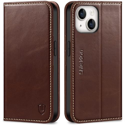 SHIELDON Hülle für iPhone 14 5G, Stoßfest Echt Lederhülle [Lifetime Garantie] [Kartenfach] [Magnet] [RFID-Sperre], TPU Klapphülle Schutzhülle Kameraschutz Kompatibel mit iPhone 14 6,1 - Retro Kaffee von SHIELDON