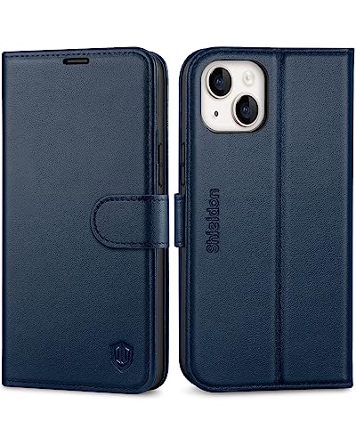 SHIELDON Hülle für iPhone 14 Plus 5G Handyhülle Schuzhülle [Echtleder] [Verdicht TPU] [Kartenfach] Magnetische Telefon Lederhülle Klapphülle Kompatibel mit iPhone 14 Plus 6,7 - Dunkelblau von SHIELDON