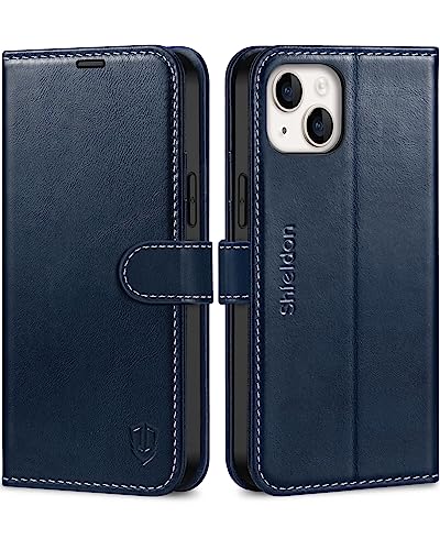 SHIELDON Hülle für iPhone 14 Plus 5G [Rindsleder] [Kartenfach] [Stand] [RFID-Sperre], TPU Klappbar Schutzhülle Handyhülle Magnet Bookcase Kompatibel mit iPhone 14 Plus 6,7 - Retro Dunkelblau von SHIELDON