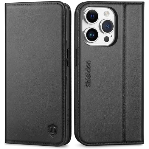 SHIELDON Hülle für iPhone 15 Pro 5G, Handyhülle [Echtleder] [Kartenfach] [Magnet] [Standfunktion] [RFID Blocker] Stoßfest Schutzhülle TPU Lederhülle Kompatibel mit iPhone 15 Pro 6,1" - Schwarz von SHIELDON