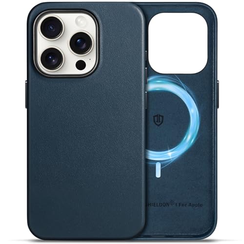 SHIELDON Hülle für iPhone 15 Pro Handyhülle Dünn Case [Echtleder] [Kabellos Laden] [Anti-Fingerabdruck] [Magnetisch] [Slim Leicht] Schutzhülle Lederhülle Kompatibel mit iPhone 15 Pro 5G 6,1 Marineblau von SHIELDON