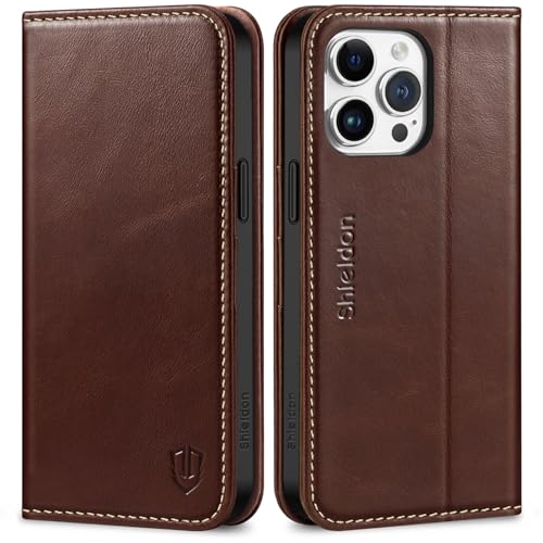 SHIELDON Hülle für iPhone 15 Pro Max, Echtleder Lederhülle [Kartenfach] [Magnet], TPU Klapphülle Schutzhülle RFID Blocker Flipcase Kompatibel mit iPhone 15 Pro Max 6,7" - Kaffee von SHIELDON