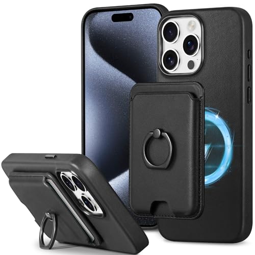 SHIELDON Hülle für iPhone 15 Pro Max Echtleder Handyhülle Kartenhalter Wallet Ring Magnet Schutzhülle Stand Fingerhalterung Kabellos Laden Case Kompatibel mit iPhone 15 Pro Max 5G 6,7" Schwarz (2in1) von SHIELDON