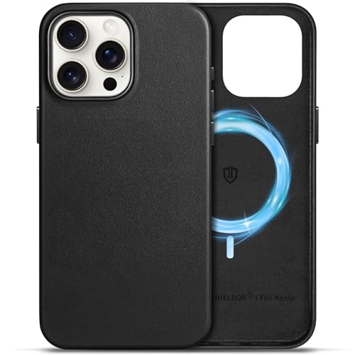 SHIELDON Hülle für iPhone 15 Pro Max Handyhülle Schutzhülle [Echtleder] [Kabellos Laden] [Elegant Aussehen] [Magnetisch] Dünn Lederhülle Case Cover Kompatibel mit iPhone 15 Pro Max 5G 6.7" Schwarz von SHIELDON