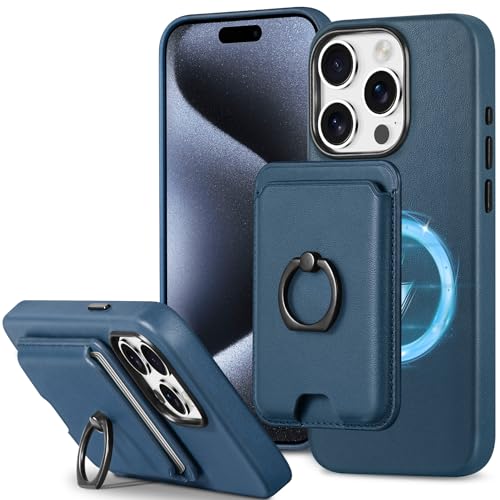 SHIELDON Hülle für iPhone 15 Pro Wallet Echtleder Handyhülle Kartenhalter, Magnetisch Card Holder Fingerhalter, Abnehmbar Lederhülle Dünn Schutztasche Kompatibel mit iPhone 15 Pro 5G 6,1" Königsblau von SHIELDON