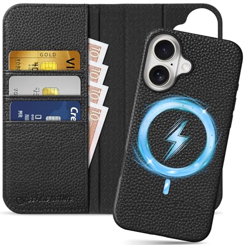SHIELDON Hülle für iPhone 16, 2 IN 1 Case [Litschi Echtleder] [Abnehmbar] [Kabelloses Laden] [Kartenfach] [RFID Blocker] Ledertasche Handyhülle Kompatibel mit iPhone 16 5G 6,1" - Schwarz von SHIELDON