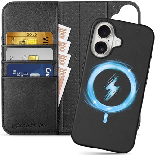 SHIELDON Hülle für iPhone 16, Echtleder Handyhülle [Abnehmbar] [kabelloses Laden] [Kartenfach] [Ständer] [RFID Blocker] Stoßfeste 2 IN 1 Klapphülle Kompatibel mit iPhone 16 5G 6,1" - Schwarz von SHIELDON