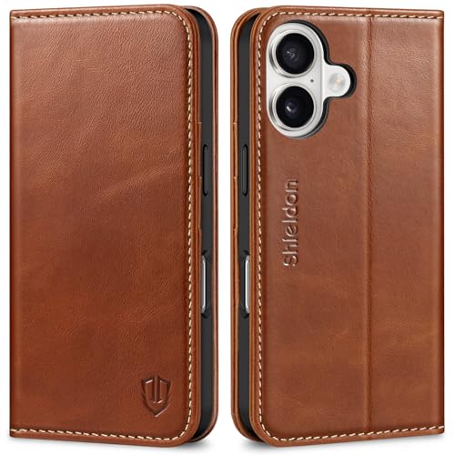 SHIELDON Hülle für iPhone 16, Handyhülle TPU [Echtleder] [Kartenfach] [Standfunktion] [RFID Blocker] Stoßfest Magnet Schutzhülle Lederhülle Case Kompatibel mit iPhone 16 6,1" 2024-Retro Braun von SHIELDON