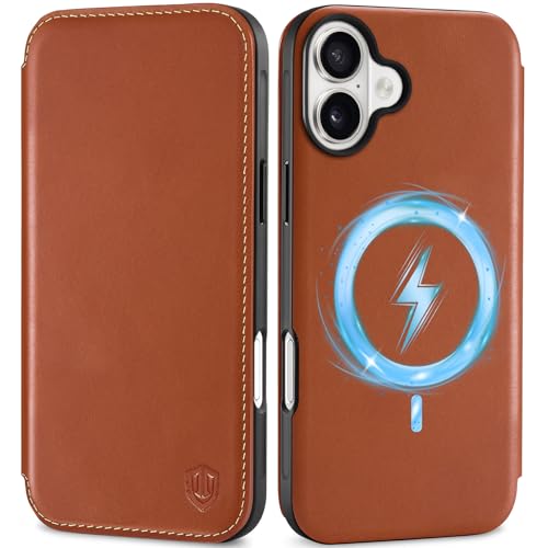 SHIELDON Hülle für iPhone 16, Leicht Schutzhülle [Echtleder] [Kartenfach] [Kabelloses Laden] [Verdicht TPU] Magnetisch Handyhülle Klapphülle Kompatibel mit iPhone 16 6,1" 2024- Retro Braun von SHIELDON