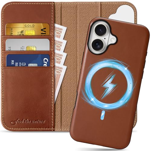 SHIELDON Hülle für iPhone 16 Plus, 2 IN 1 Case [Echtleder] [Abnehmbar] [kabelloses Aufladen] [RFID Blocker] [Kartenfach] [Magneticsch] Ledertasche Kompatibel mit iPhone 16 Plus 6,7" - Retro Braun von SHIELDON