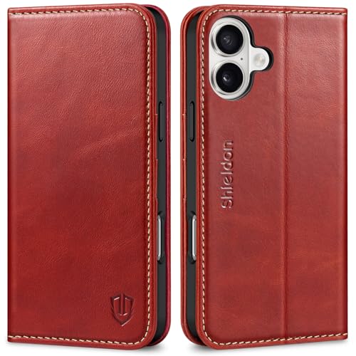 SHIELDON Hülle für iPhone 16 Plus, Lederhülle [Echtleder] [RFID Blocker] [Kartenfach] TPU Magnet Stoßfest Klapphülle Handyhülle Kompatibel mit iPhone 16 Plus 5G 6,7" 2024- Retro Rot von SHIELDON