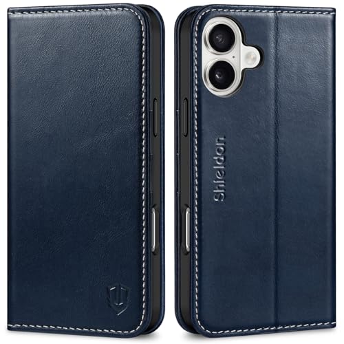 SHIELDON Hülle für iPhone 16 Plus, Schutzhülle [Rindsleder] [Stoßfest] [Kartenfach] [Magnetverschluss] [Stand] [RFID Blocker] Telefon Cover Kompatibel mit iPhone 16 Plus 6,7" - Retro Dunkelblau von SHIELDON
