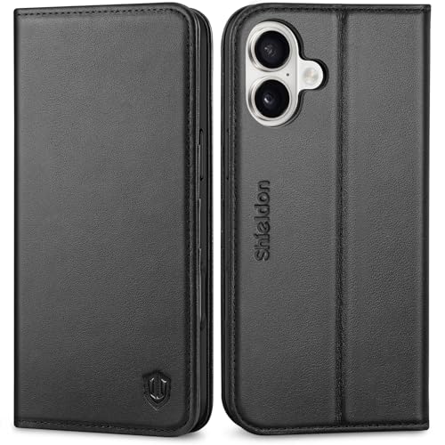 SHIELDON Hülle für iPhone 16 Plus 5G, Handyhülle [Echtleder] [Kartenfach] [Standfunktion] [RFID Blocker] Stoßfest Magnet Schutzhülle TPU Lederhülle Kompatibel mit iPhone 16 Plus 6,7" - Schwarz von SHIELDON