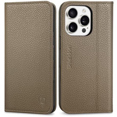 SHIELDON Hülle für iPhone 16 Pro 5G Handyhülle [Echtleder] [Kartenfach] [Ständer] [RFID-Blocker] Magnet Klapphülle Handy Wallet Flip Case Tasche Kompatibel mit iPhone 16 Pro 6,3" 2024 Khaki von SHIELDON
