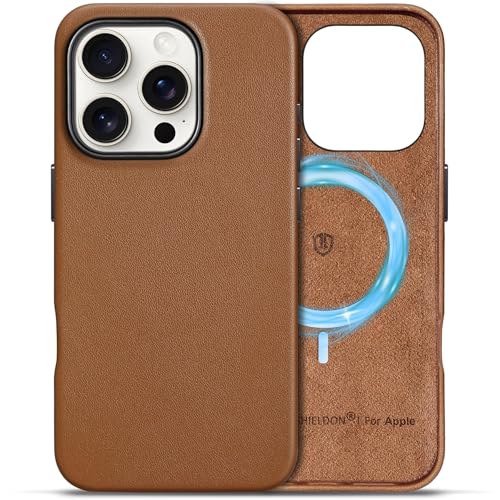 SHIELDON Lederhülle für iPhone 16 Pro, Magnetisch Kabelloses Laden Case [Echtleder] [Stoßfest] [Leicht] Kratzfest Schutzhülle Cover Hüllen Kompatibel mit iPhone 16 Pro 5G 6,3" 2024 Sattelbraun von SHIELDON
