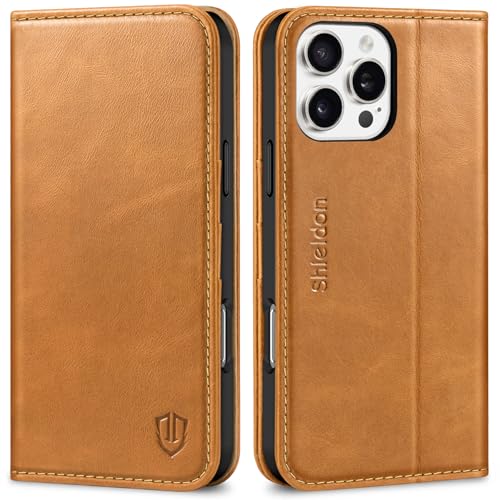 SHIELDON Hülle für iPhone 16 Pro Max, Handyhülle 5G Schutzhülle [Rindsleder] [Kartenfach] [Stand] [RFID Blocker], TPU Magnet Lederhülle Kompatibel mit iPhone 16 Pro Max 6,9" - Ölig Hellbraun von SHIELDON