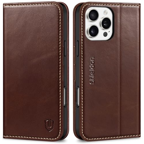 SHIELDON Hülle für iPhone 16 Pro Max 5G, Stoßfest Echt Lederhülle [Kartenfach] [RFID Blocker], TPU Magnet Klapphülle Schutzhülle Kompatibel mit iPhone 16 Pro Max 6,9" 2024- Retro Kaffee von SHIELDON