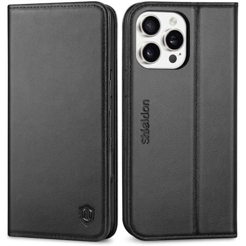 SHIELDON Hülle für iPhone 16 Pro Max, Handyhülle [Echtleder] [Kartenfach] [Stand] [RFID Blocker] Stoßfest Magnet Schutzhülle TPU Lederhülle Kompatibel mit iPhone 16 Pro Max 6,9" - Schwarz von SHIELDON