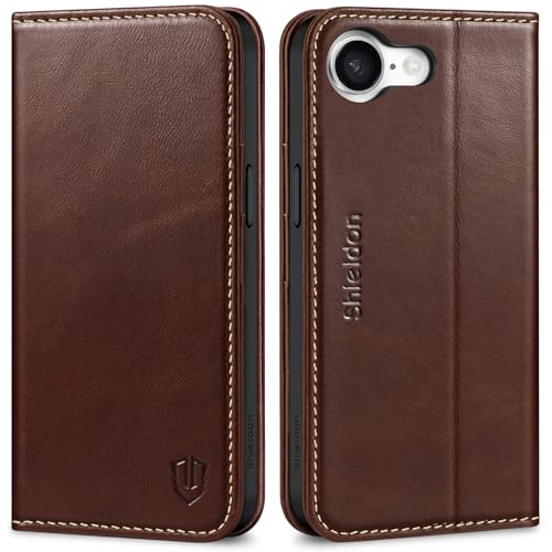SHIELDON Hülle für iPhone 16e 5G, Echtes Lederhülle [RFID Blocker] [Kartenfach] [Ständer] TPU Stoßfest Klapphülle Schutzhülle Kompatibel mit iPhone 16e 2025 6,1" - Retro Kaffee von SHIELDON