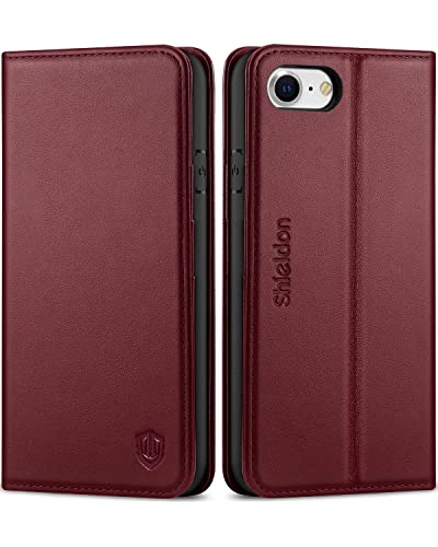 SHIELDON Hülle für iPhone SE3 2022, Handyhülle für iPhone SE 2020/8/7, [Rindsleder] [Lifetime Garantie] [Kartenfach] [Magnet] [Stand] TPU Klapphülle Flip Case für 4,7 Zoll - Weinrot von SHIELDON