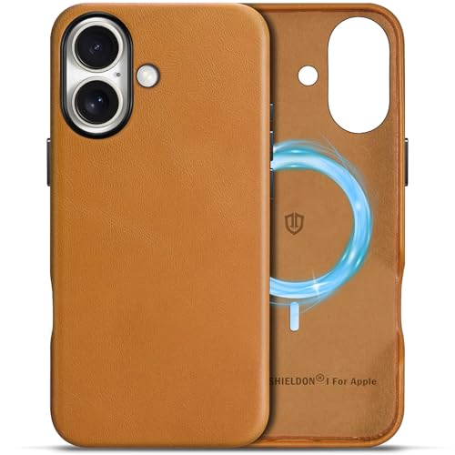 SHIELDON Lederhülle für iPhone 16, Schutzhülle [Magnetisc Kabelloses Laden] [Kratzfest] [Einfach Aussehen] Echtleder Cover Stoßfest Hüllen Kompatibel mit iPhone 16 5G 6,1" 2024 Retro Hellbraun von SHIELDON