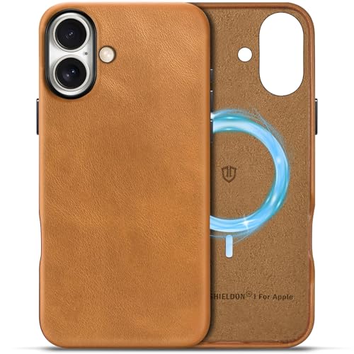 SHIELDON Lederhülle für iPhone 16 Plus, Schutzhülle [Magnetisc Kabelloses Laden] [Kratzfest] [Einfach Aussehen] Echtleder Cover Stoßfest Kompatibel mit iPhone 16 Plus 5G 6,7" 2024 Retro Hellbraun von SHIELDON