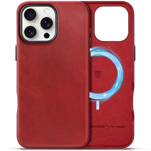 SHIELDON Lederhülle für iPhone 16 Pro Max, Magnetisch Kabelloses Laden Hülle [Einfach Aussehen] [Stoßfest] [Dünn] [Leicht] Schutzhülle Kompatibel mit iPhone 16 Pro Max 5G 6,9" 2024 Retro Rot von SHIELDON