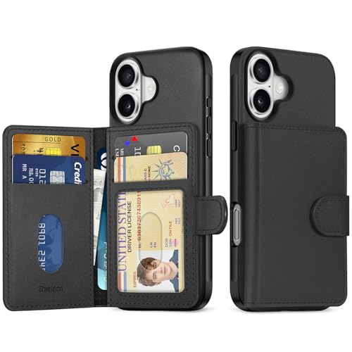 SHIELDON Wallet Hülle für iPhone 16 6,1", Echtleder Case [Nicht Abnehmbar] [Magnetische Wallet] [RFID Blocker] [6 Kartenfächer] Schutzhülle Kompatibel mit iPhone 16 5G 2024 - Black/Schwarz von SHIELDON