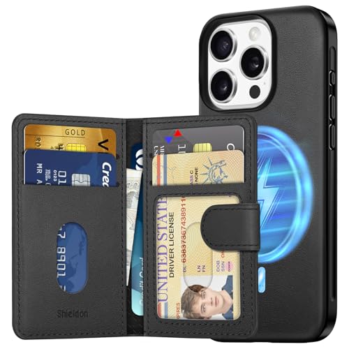 SHIELDON Wallet Hülle für iPhone 16 Pro, Echtleder Schutzhülle [Abnehmbar] [Kabelloses Laden] [RFID Blocker] Dünn Case mit 6 Kartenfächer Kompatibel mit iPhone 16 Pro 5G 6,3" 2024 - Black/Schwarz von SHIELDON