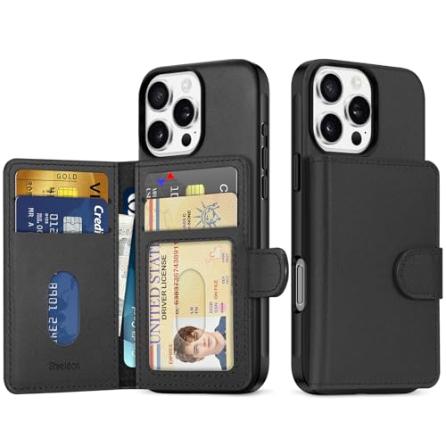 SHIELDON Wallet Hülle für iPhone 16 Pro 6,3", Echtleder Case [Nicht Abnehmbar] [Magnetische Wallet] [RFID Blocker] [6 Kartenfächer] Schutzhülle Kompatibel mit iPhone 16 Pro 5G 2024 - Black/Schwarz von SHIELDON
