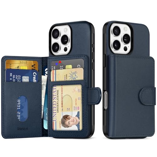 SHIELDON Wallet Hülle für iPhone 16 Pro 6,3" 2024, Schutzhülle [Echtleder] [Undetachable] [Magnetische Wallet] [6 Kartenfächer] Stoßfeste Handyhülle Kompatibel mit iPhone 16 Pro 5G - Marineblau von SHIELDON