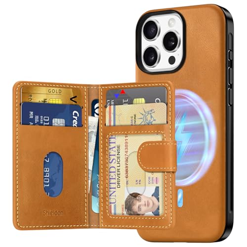 SHIELDON Wallet-Hülle für iPhone 16 Pro Max, Echtleder Schutzhülle [Abnehmbar] [RFID Blocker] [6 Kartenfächer] [Leicht] Brieftasche Kompatibel mit iPhone 16 Pro Max 5G 6,9" 2024 - Retro Hellbraun von SHIELDON