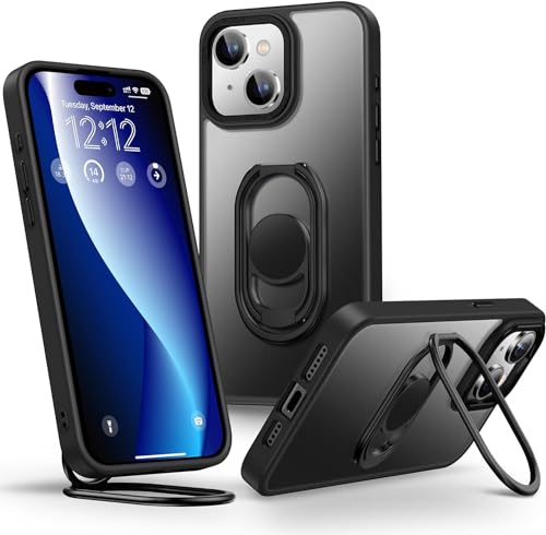 SHIELDS UP für iPhone 15 Plus Hülle, Handyhülle mit Doppeltem Ring Halter Ständer 360°【Verstellbar und Faltbar】 Stoßfeste Schutzhülle für iPhone 15 Plus Case – Matt Schwarz von SHIELDS UP