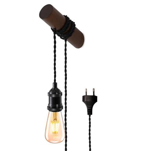 SHINY STAR Holz Industrie Stecker Wandleuchte,2,8m langes, Gedrehtes Geflochtenes Schwarzes Kabel, Magnet Wandleuchte mit Schalter in Reihe,E27 Lampenfassung,Passend für Wandleuchten -82304WPG von SHINY STAR