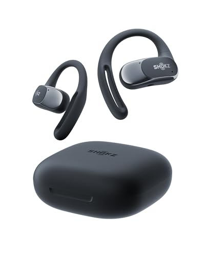 SHOKZ OpenFit Air Open-Ear-Kopfhörer, True Wireless Bluetooth-Ohrhörer mit Mikrofon, Ohrhörer mit Air-Ohrbügel, Schnellaufladung, 28h Wiedergabe, wasserdicht IP54 fürs Training, Tragetasche, Schwarz von SHOKZ