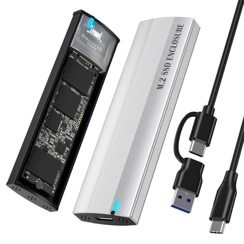 SHUBEIEUMI M.2 NVMe und SATA SSD Gehäuse Adapter, 10Gbps M.2 SSD zu USB 3.1 mit 2-in-1 Kabel, Unterstützt M-Key/B+M Key für 2230/2242/2260/2280 SSD, Werkzeuglos (Silber) von SHUBEIEUMI