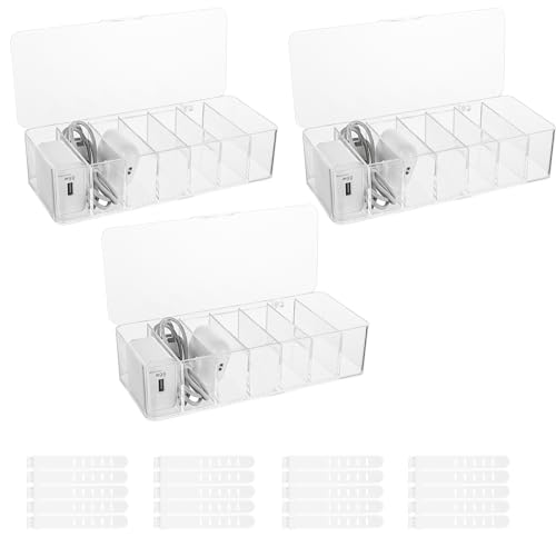 SHUESS 3 Stück Kabel Aufbewahrungsbox, Transparent Kabel Organizer Box mit 7 Fächer und 20 Kabelbindern für Schreibtisch Aufbewahrung, Büro, Heimgebrauch von SHUESS