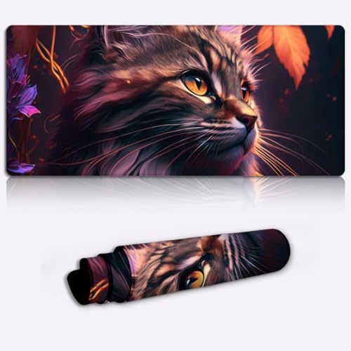 Katzen-Mauspad und Gaming-Mauspad, großes XXL-langes Mousepad, erweiterte XXL-Schreibtischunterlage, rutschfeste Gummiunterseite, genähte Kanten, Mäusepad, 34,9 x 59,9 cm von SIBREA