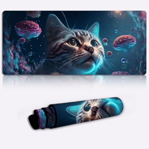 SIBREA Katze XXL Speed Gaming Mauspad Extra großes wasserabweisendes Mauspad mit Rutschfester Gummiunterseite Glatte Stoffoberfläche 30 x 80 cm von SIBREA