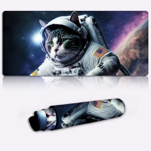 SIBREA Mauspad, erweitertes großes Mauspad, Schreib, genähte Kanten, rutschfeste Gummiunterseite, Gaming-Mauspad XL, Weltraum-Katze, 30 x 80 cm von SIBREA