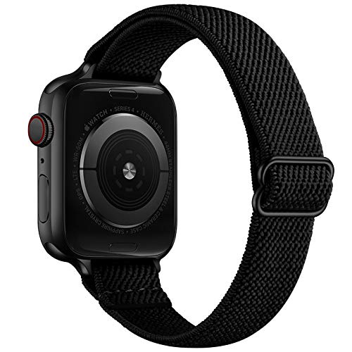 SICCIDEN Schlankes, dehnbares Solo-Loop-Band, kompatibel mit Apple Watch Band, 40 mm, 38 mm, 44 mm, 42 mm, Damen, elastisch, Nylon, dünnes Band für iWatch SE Serie 6, 5, 4, 1 (schwarz/schwarz, 38 mm) von SICCIDEN