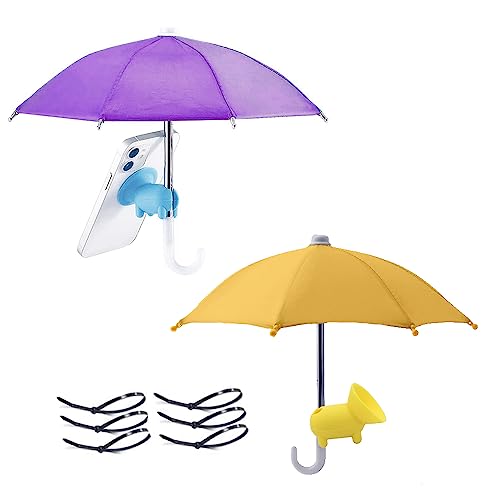 SIEBOLD 2 Stück Mini Handy Regenschirm mit Saugnapfständer,Puppenschirm,Sonnenschirm für Handy,Handy Sonnenschutz,Multifunktion Mini Regenschirm Deko für Outdoor Strand Garten(lila und gelb) von SIEBOLD