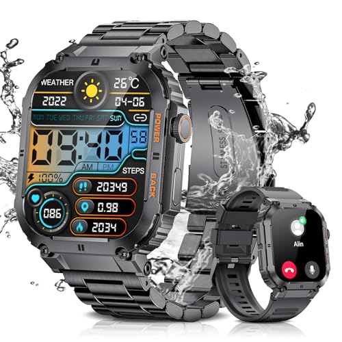 SIEMORL Militär Smartwatch Herren, 1,96 Zoll Smartwatch mit Telefonfunktion Sprachassistent, Fitness Tracker mit 100 Sportmodi SpO2 Herzfrequenz Monitor,Wasserdicht Smart Watch für Android iOS, 400mAh von SIEMORL